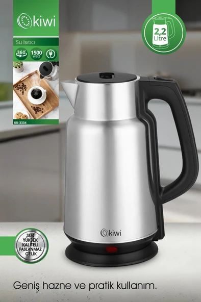 Kiwi KK-3334 Su Isıtıcı | 2.2L Paslanmaz Çelik, 360° Kablosuz, Gizli Rezistans ürün görseli 1