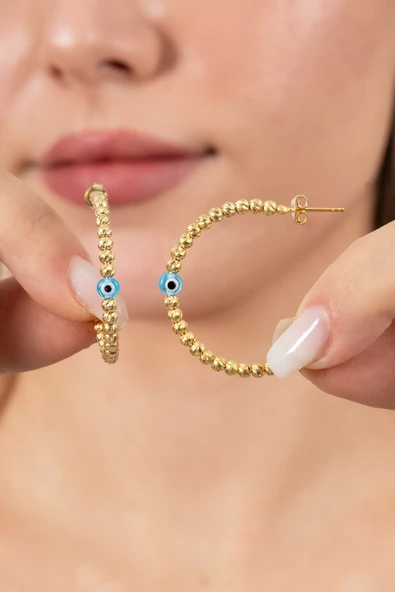 925 ayar gümüş küpe altın yaldızlı büyük boy nazarlı dorica halka küpe SGTL13154GOLD ürün görseli 1