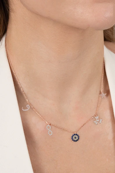 925 ayar gümüş kolye rose zirkon taşlı nazarlı şans kolyesi SGTL13181ROSE ürün görseli 1