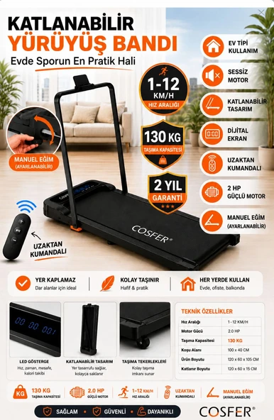 Cosfer Güçlü 2 Hp Yürüyüş Ve Koşu Bandı Katlanabilen 130 Kilo Taşıma Kapasiteli 1-12 Km Hız Kumandalı ürün görseli 1