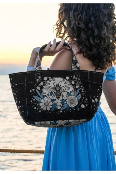 Kadın Vegan Deri Siyah Medium Tote Bag - Bee with Flowers Tasarım ürün görseli 1