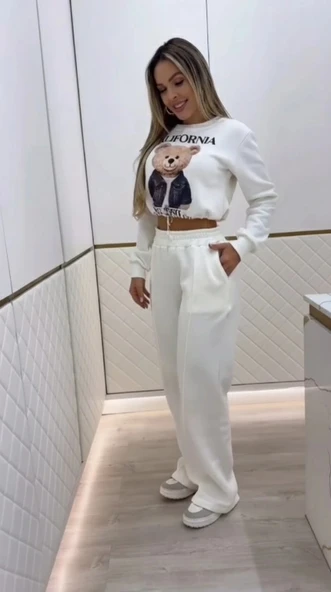 Kadın Uzun Kollu Bisiklet Yaka Desenli Iki Iplik şardonlu Bluz Ve Pantolon Ikili Takım ürün görseli 1