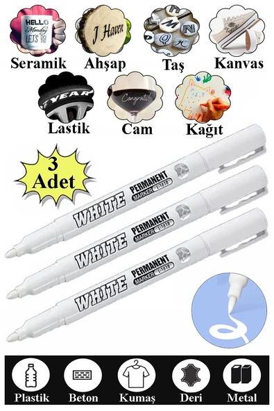Beyaz Keçeli Kalem 3 Adet Kalıcı Marker Kalem Yağ Bazlı Cam Metal Seramik Ahşap Lastik Plastik Taş Yüzey ürün görseli 1