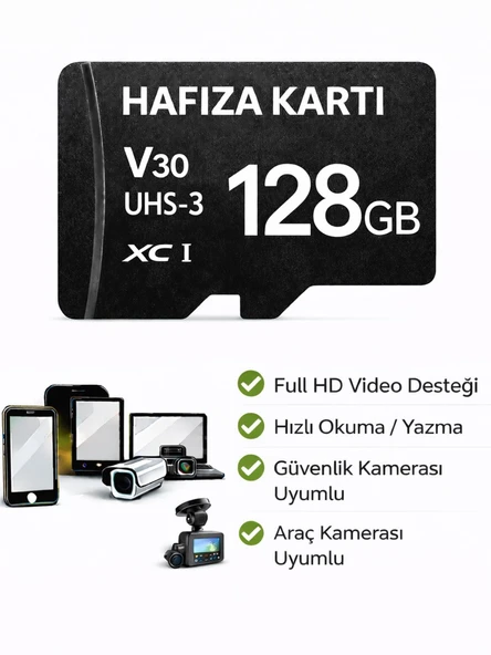 128GB V30 Hafıza Kartı Araç ve Güvenlik Kamerası Video Kayıt Class 10 100MB/s Micro SD Kart ürün görseli 1