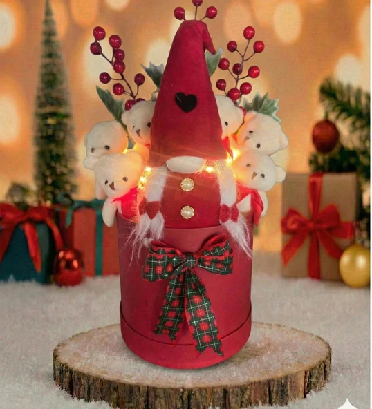 Yeniyıl ÖZEL Seri: LED Işıklı, Noel ELF Cüce Figürlü, Kalp Balon ve 6 Ayıcıklı Özel Konsept Tasarım Ayıcık Buketi ürün görseli 1