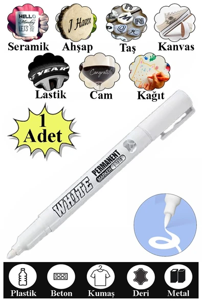 Keçeli Beyaz Kalem 1 Adet Kalıcı Marker Kalem Yağ Bazlı Cam Metal Seramik Ahşap Lastik Plastik Taş Yüzey ürün görseli 1