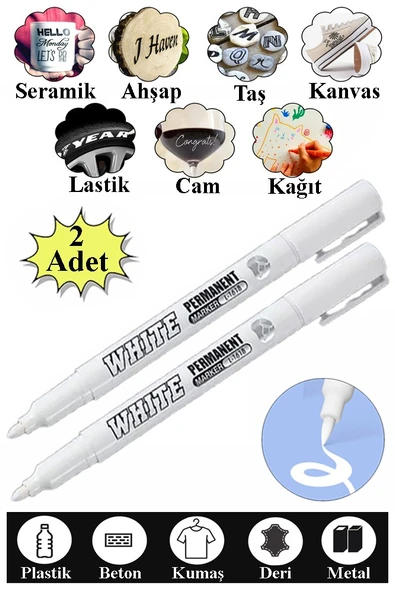 Beyaz Keçeli Kalem 2 Adet Kalıcı Marker Kalem Yağ Bazlı Cam Metal Seramik Ahşap Lastik Plastik Taş Yüzey ürün görseli 1