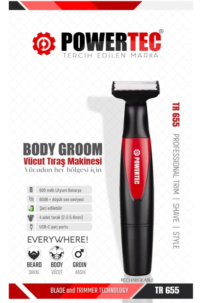 Powertec TR-655 Vücut Tıraş Makinesi (Body Groom) Çift Bıçak - Sıfıra Yakın Kesim ürün görseli 1