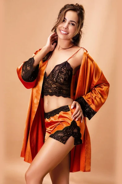 Gd Goldoremi Kadın Sabahlıklı Büstiyerli Şortlu Kimono 3'lü Pijama Takım ürün görseli 1