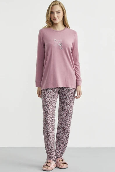 Yumoş Dokulu Leopar Desenli Kışlık Pijama - Gül Kurusu ürün görseli 1