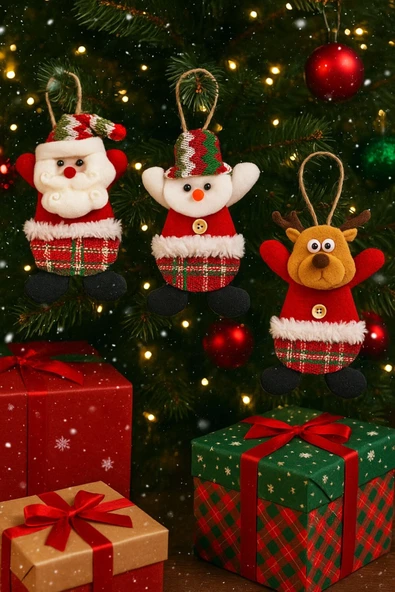 3'Lü Peluş Karakterlerle Eğlenceli Yeni Yıl Dekoru Noel Figürleri Yılbaşı Ağaç Süsleri 17 Cm x 11 Cm ürün görseli 1
