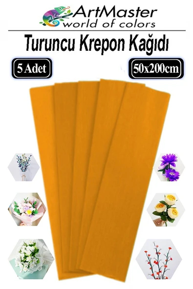Krapon Kağıdı Turuncu Renk 5 Adet 50x200 cm Grapon Kağıdı 5'li Okul Proje Sınıf Anaokulu Kreş Süsleme ürün görseli 1
