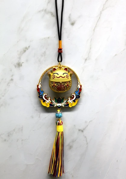 Renkli Püsküllü Şans Kedisi Feng Shui Askılık ürün görseli 1