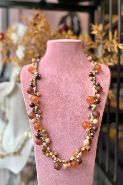 Meva Takı ve Aksesuar Karamel-Bronz Işıltılı Boncuk Kolye | Mev’Armoni Collection ürün görseli 1