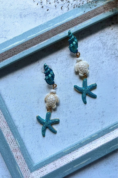 Meva Takı ve Aksesuar Deniz Esintisi Kaplumbağa ve Deniz Yıldızı Küpe I Mev'Art Collection ürün görseli 1