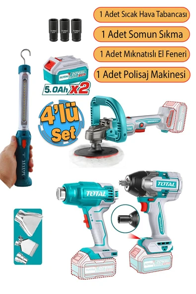 4'lü Set 20 V 4.0 Ah Batarya Polisaj Makine Vidalama Somun Sökme Sıcak Hava Tabanca El Feneri ürün görseli 1