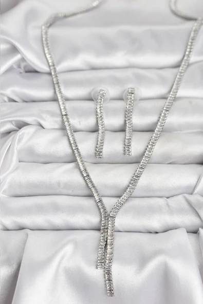Gümüş Renk Baget Zirkon Taşlı Kadın Kolye Küpe Set EB-53-vice/(1395) 3207 ürün görseli 1