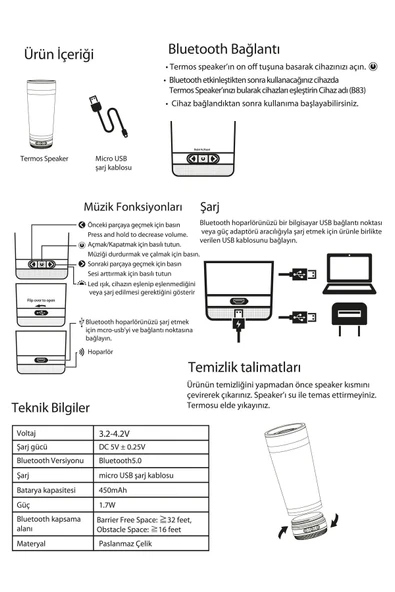 VAESKE BLUETOOTH HOPARLÖRLÜ 500ML PASLANMAZ ÇELİK TERMOS MAVİ - Resim 4