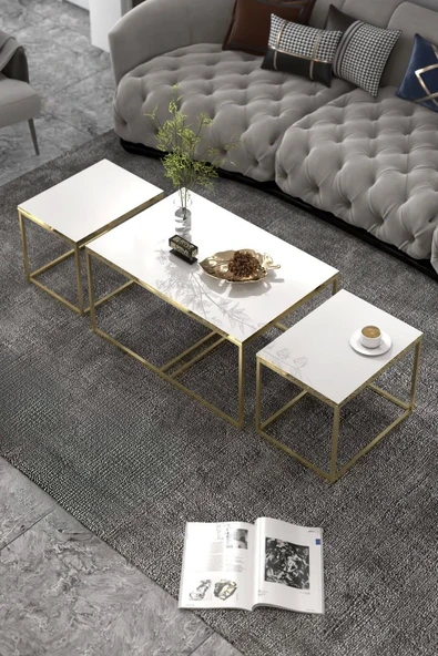 Orta Sehpa Ve Zigon Yan Sehpa Flora Set Gold Beyaz ürün görseli 1