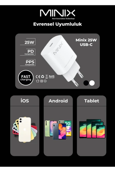 MINIX 25W iPhone 13 Pro Uyumlu Type-C Hızlı Şarj Pd Yeni Nesil Hızlı Şarj Aleti Adaptörü, 25W Adaptör ürün görseli 1