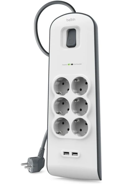 BSV604 2 Metre 6`lı Usb-A Akım Korumalı Priz Beyaz ürün görseli 1