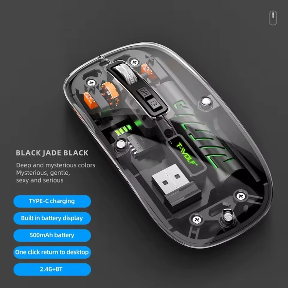 Şeffaf Mouse Kablosuz Mouse Fare Şarjlı Bluetooth Wireless Çift Modlu Sessiz 5 Tuşlu DPI Kontrol ürün görseli 1