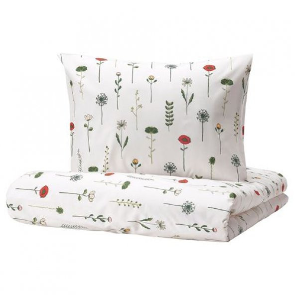 Tek Kişilik Nevresim Takımı, Beyaz-Çok Renkli IKEA 150x200/50x60 cm Pamuk Çiçek Desenli ürün görseli 1