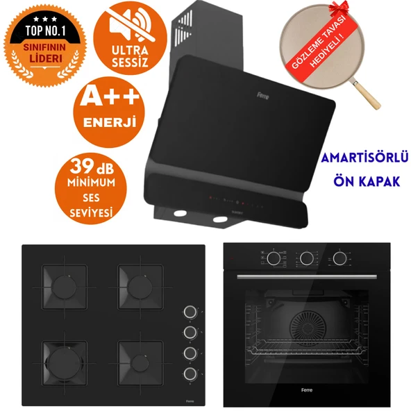 Ferre FryArt&SilentArt Lero Sessiz Yeni Seri Siyah Ankastre  Set ( D080-SA + QXE62CS + SS205) ürün görseli 1