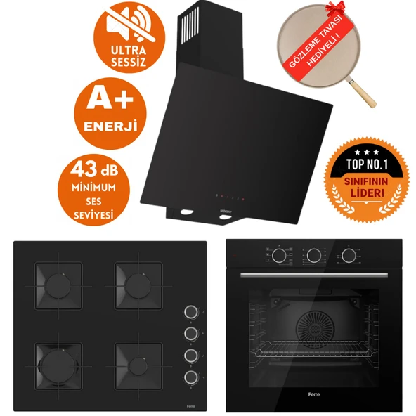 Ferre FryArt&SilentArt Verona Sessiz Yeni Seri Siyah Ankastre  Set ( D077-SA + QXE62CS + SS205) ürün görseli 1