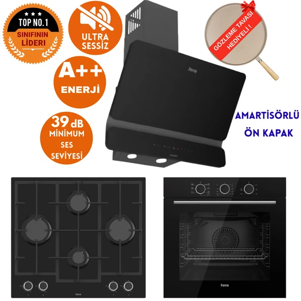 Ferre FryArt&SilentArt PALERMO Sessiz Yeni Seri Siyah Ankastre  Set ( D080-SA + QXE62CS + LN385) ürün görseli 1