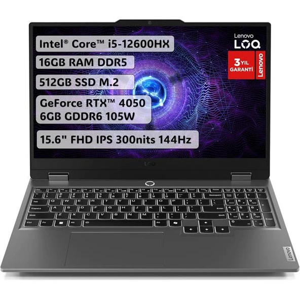 Lenovo LOQ 15IAX9 83GS00L5TR i5-12600HX 16 GB 512 GB SSD RTX4050 15.6" Full HD Gaming Laptop ürün görseli 1