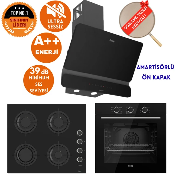 Ferre FryArt&SilentArt RİMİNİ Sessiz Siyah Ankastre  Set ( D080-SA + QXE62CS +CS205-FA FlameART) ürün görseli 1