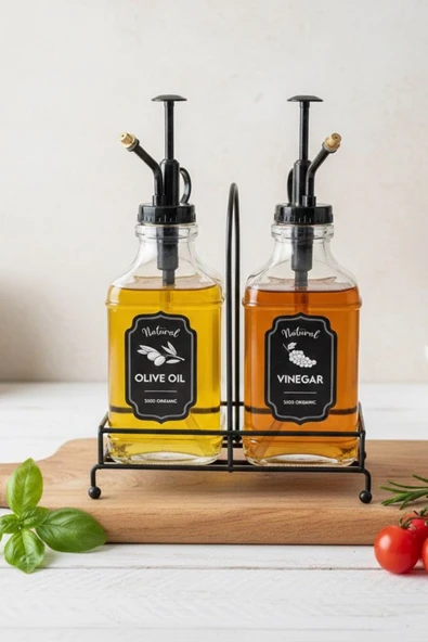 Premium Cam Yağ ve Sirke Şişesi 500 ml Şık Standlı Pompalı Dispenser 2 li Set ürün görseli 1