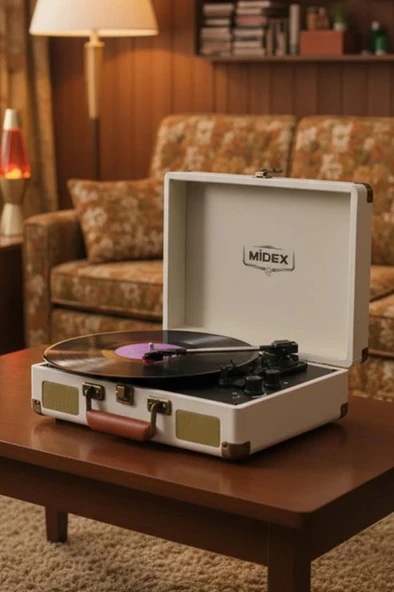 Midex Mtx-101WH Nostaljik Retro Pikap Plak Çalar (Şarjlı Bluetooth Aux Hoparlörlü 3 Devir) İğne Dahil ürün görseli 1