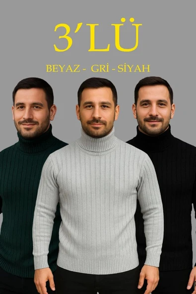 Erkek Fitilli Triko Kazak 3lÜ Set Gri Haki Siyah Regular Balıkcı Yaka Tam Boğazlı Triko Seti Modeli Kazak ürün görseli 1