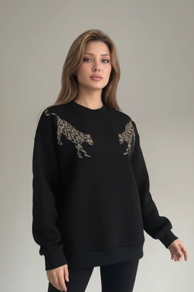 Pul İşlemeli Kaplan Detaylı Oversize Sweatshirt - Resim 2