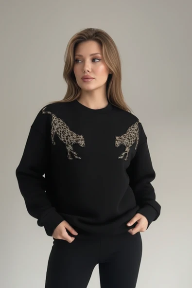Pul İşlemeli Kaplan Detaylı Oversize Sweatshirt - Resim 3