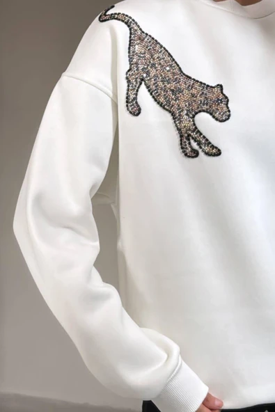 Pul İşlemeli Kaplan Detaylı Oversize Sweatshirt - Resim 10