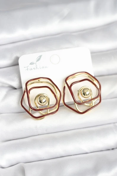 Pirinç Gold Renk Bordo Mineli Geometrik Gül Model Kadın Küpe TJ-BKP11374 ürün görseli 1