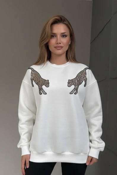 Pul İşlemeli Kaplan Detaylı Oversize Sweatshirt - Resim 9