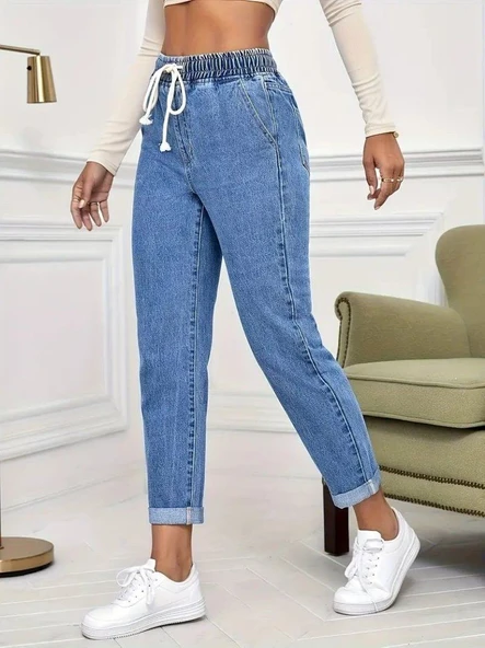 Kadın Yüksek Bel Bağcıklı Kot Pantolon ürün görseli 1