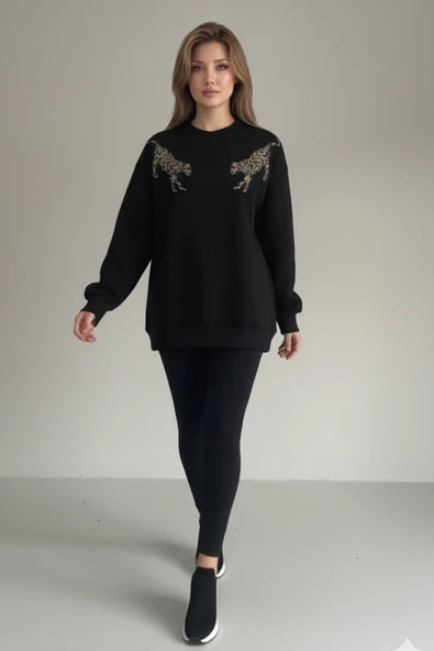 Pul İşlemeli Kaplan Detaylı Oversize Sweatshirt - Resim 4