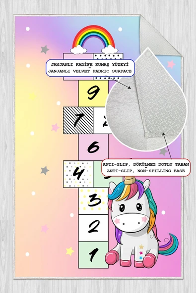 Dijital Baskılı Dekoratif Kaymaz Taban Yıkanabilir Unicorn Temalı Seksek Çocuk Halısı Çok Renkli 180 x 280 cm ürün görseli 1