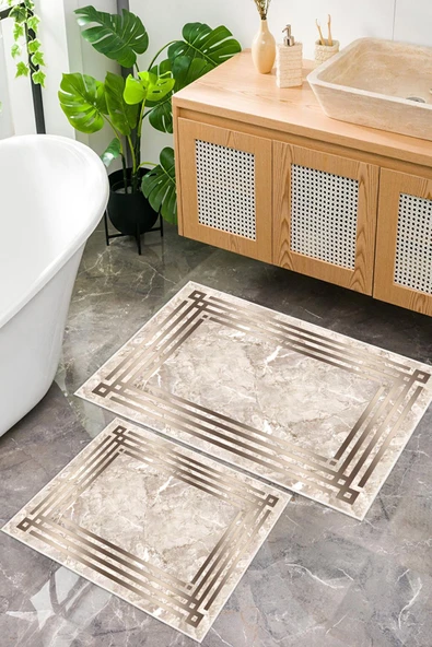 Dijital Baskı Çerçeveli Mermer Desen Kaymaz Taban 2li Set Banyo Paspası Klozet Takımı (50x60cm-60x100cm) Tek Ebat Kahverengi ürün görseli 1