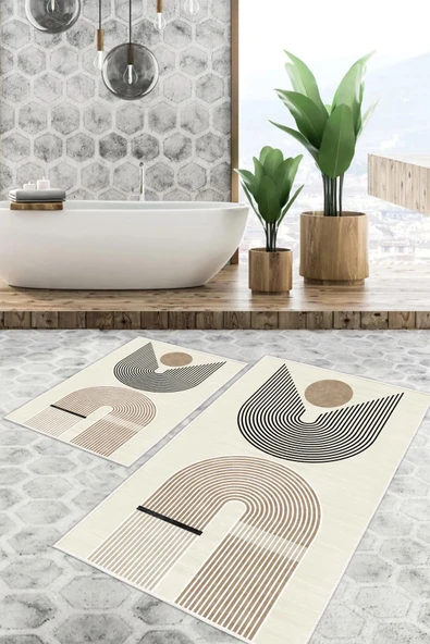 Dijital Baskı Modern Kaymaz Taban 2li Set Banyo Paspası Klozet Takımı (50x60cm-60x100cm) Tek Ebat Kahverengi ürün görseli 1