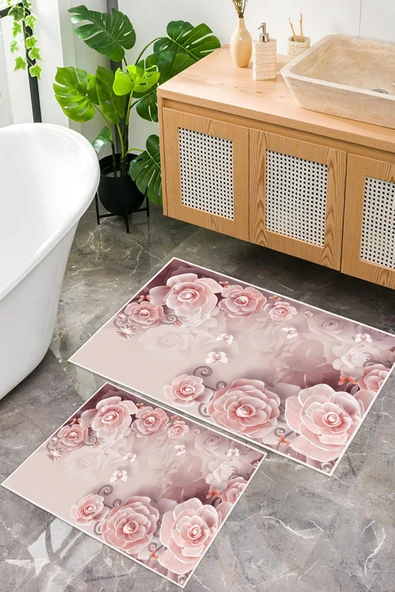 Dijital Baskı Pembe Gül Desen Kaymaz Taban 2li Set Banyo Paspası Klozet Takımı (50x60cm-60x100cm) Tek Ebat Pembe ürün görseli 1