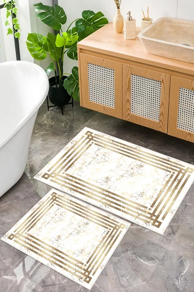 Dijital Baskı Mermer Desenli Kaymaz Taban 2li Set Banyo Paspası Klozet Takımı (50x60cm-60x100cm) Tek Ebat Gold ürün görseli 1
