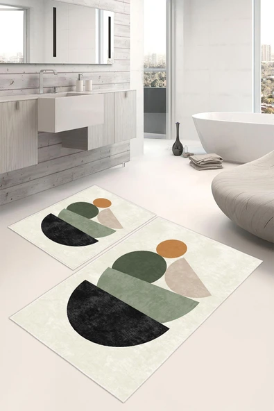 Dijital Baskı Art Seri Kaymaz Taban 2li Set Banyo Paspası Klozet Takımı (50x60cm-60x100cm) Tek Ebat Krem ürün görseli 1
