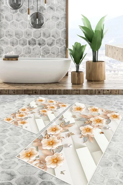 Dijital Baskı Çicek Desen Kaymaz Taban 2li Set Banyo Paspası Klozet Takımı (50x60cm-60x100cm) Tek Ebat Krem ürün görseli 1