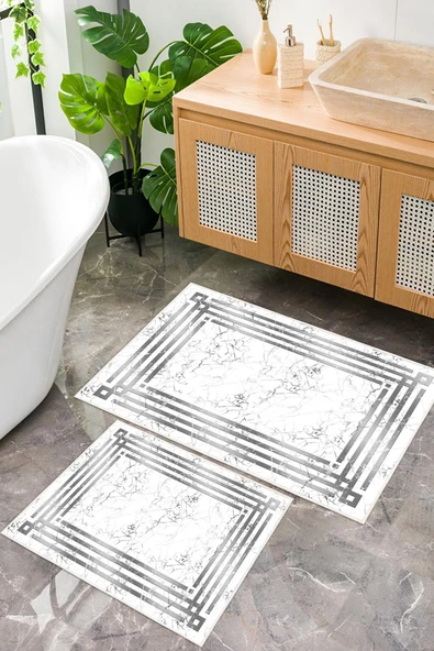 Dijital Baskı Mermer Desen Çerçeveli Kaymaz Taban 2li Set Banyo Paspası Klozet Takımı (50x60cm-60x100cm) Tek Ebat Gri ürün görseli 1